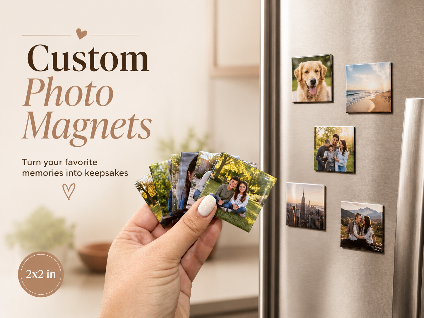 Custom square photo magnets displayed beside a refrigerator