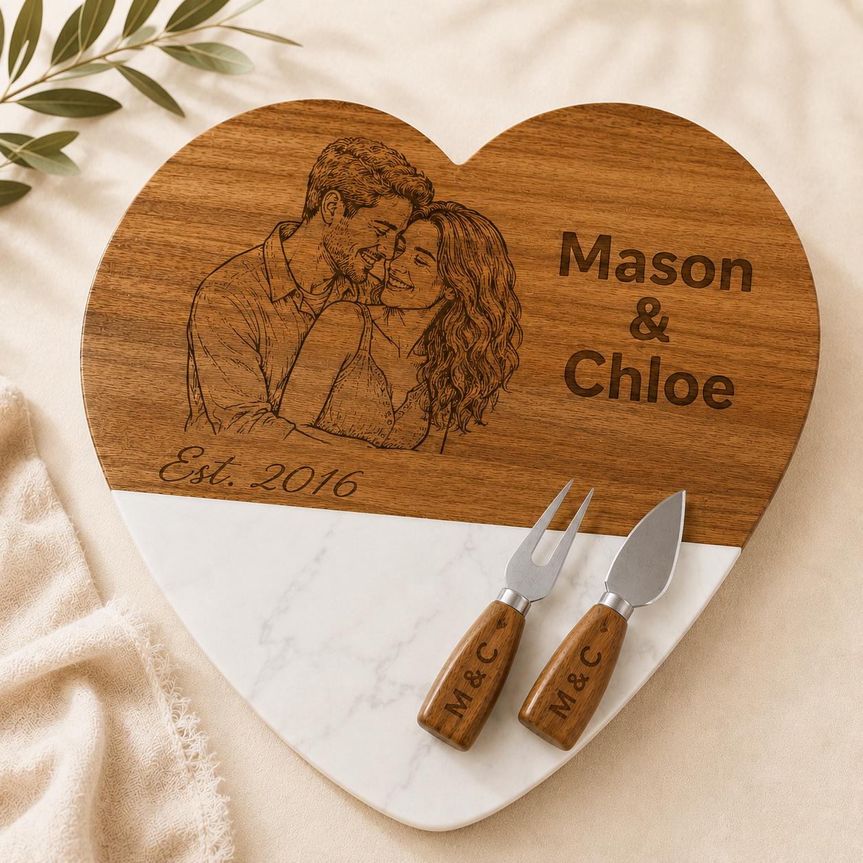Personalized engraved charcuterie board with names and a photo portrait