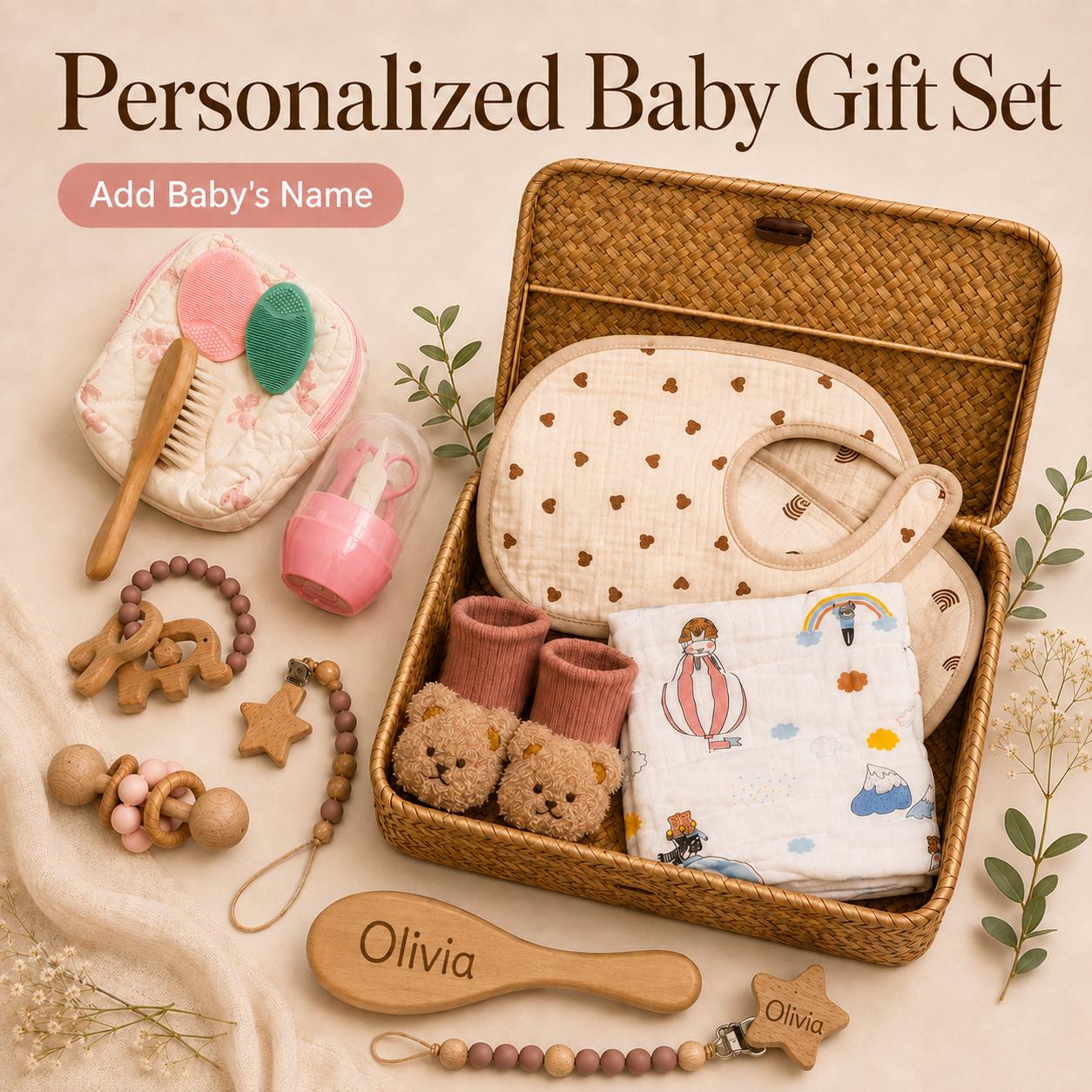 Personalized newborn gift basket with engraved wooden brush and pacifier clip