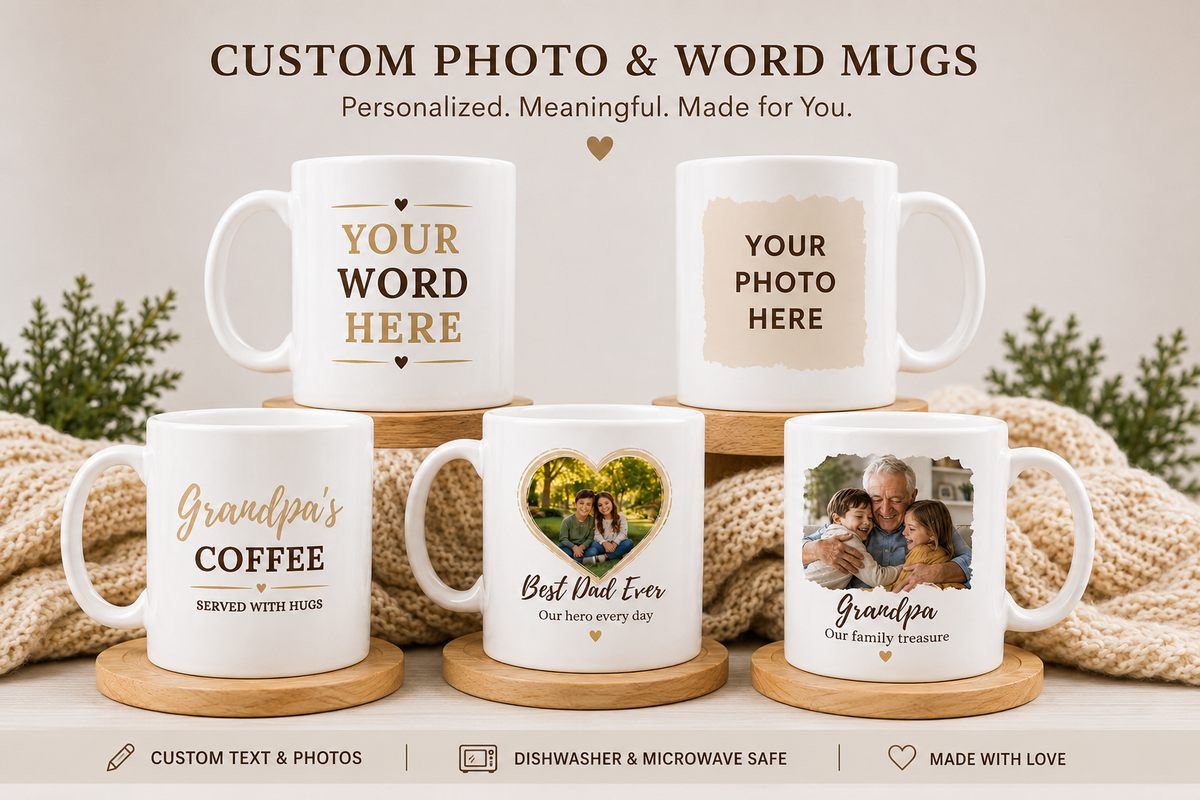 Personalized photo mug with a family picture and custom text