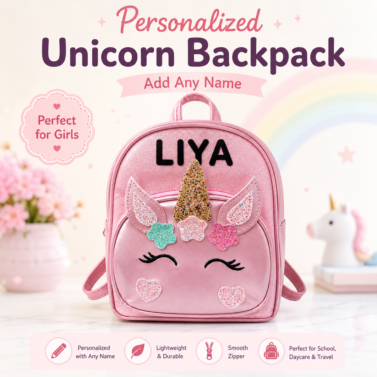 Pink unicorn backpack personalized with a child's name