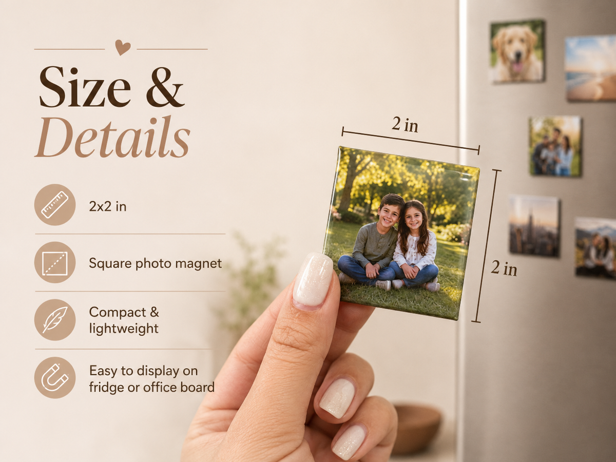 Size and details for a square 2x2 custom photo magnet