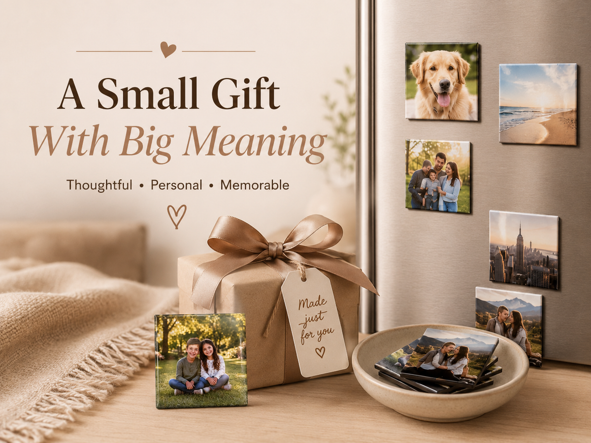 Custom photo magnets arranged as a small personalized gift