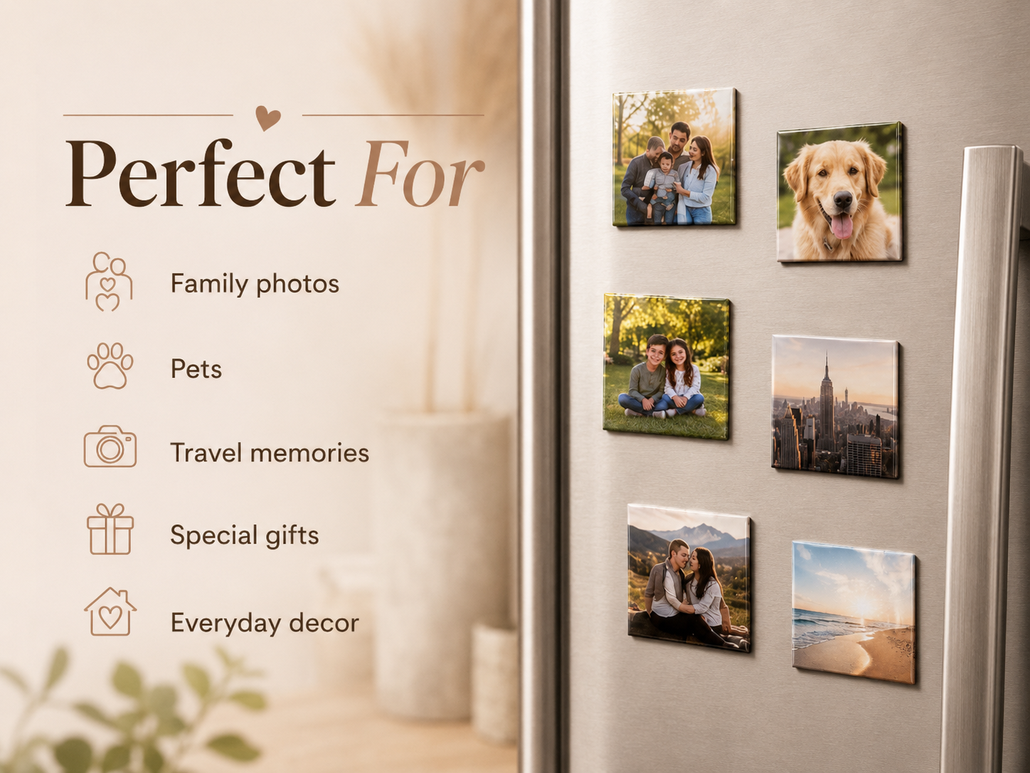 Examples of custom photo magnets for family, pets, travel, and gifts