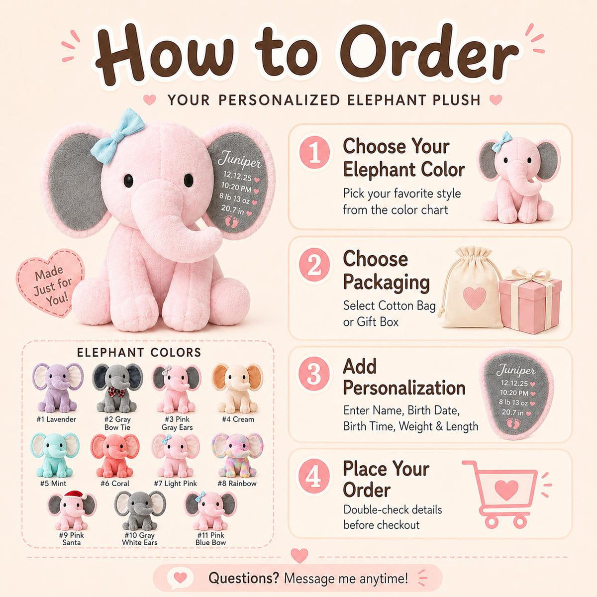How to order a personalized elephant plush with color, packaging, and birth-detail steps