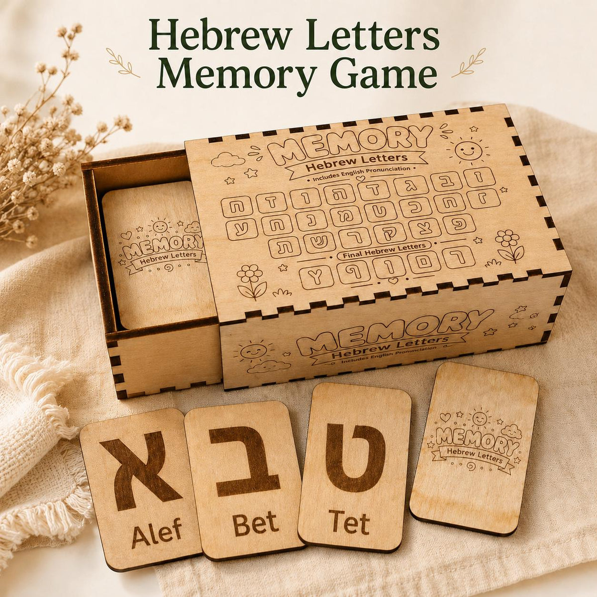 Wooden Hebrew alphabet memory game with engraved letter cards