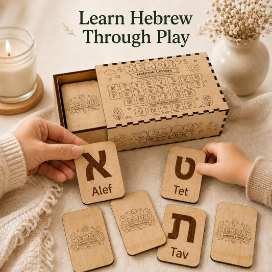 Hebrew letters matching game in wooden storage box