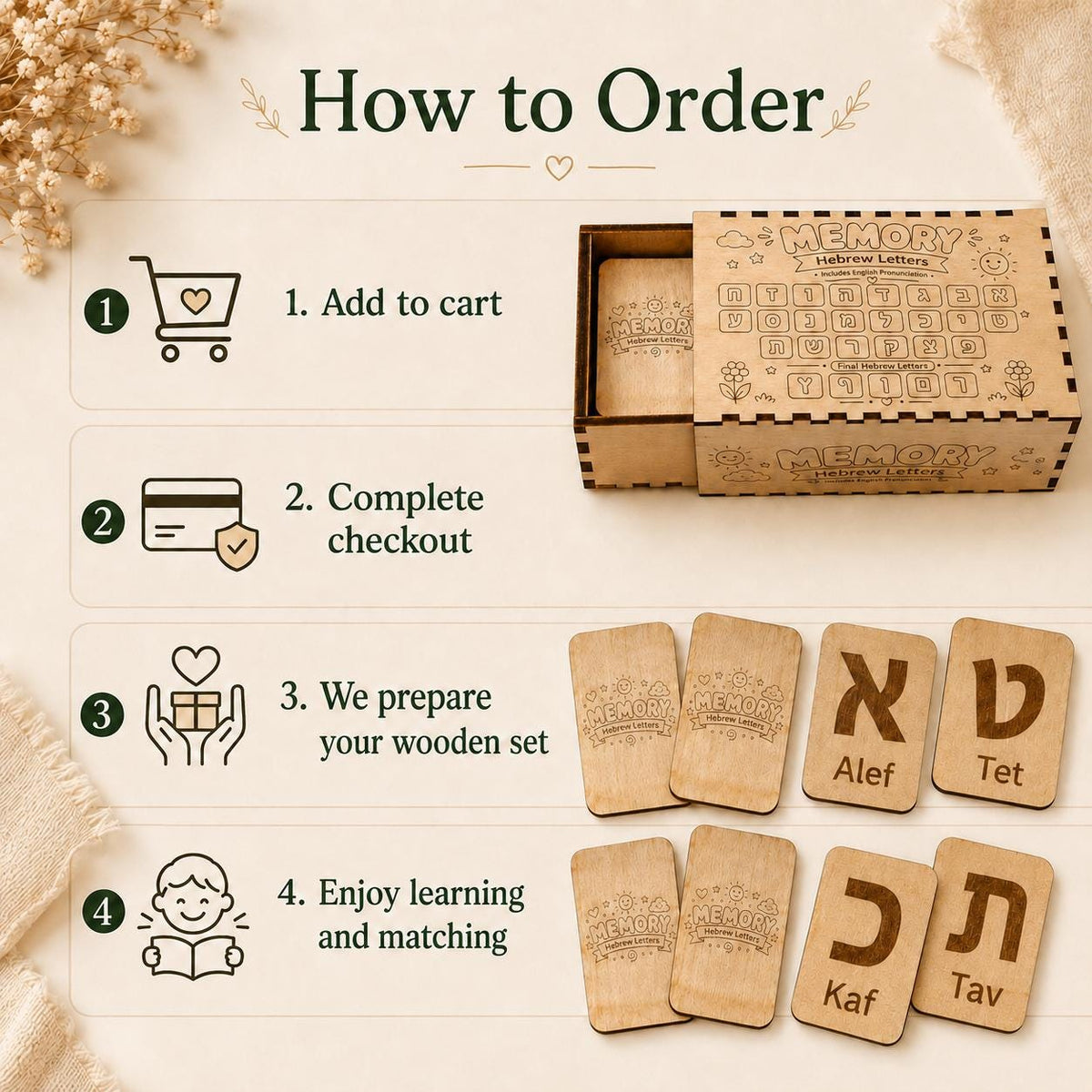 Close up of engraved Hebrew letter tiles