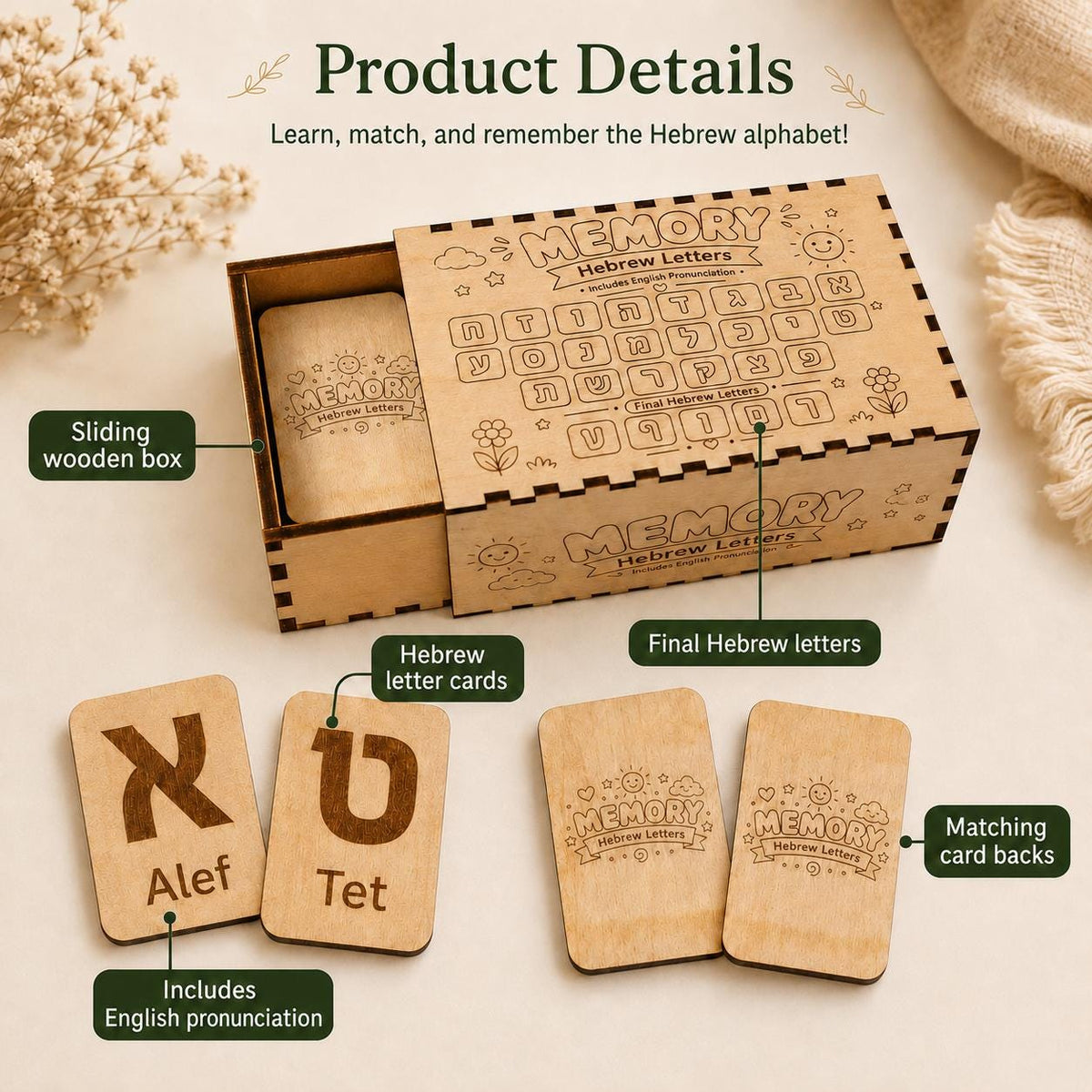Engraved wooden box for the Hebrew alphabet game