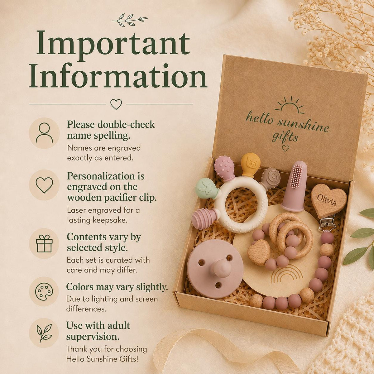 Personalized wooden milestone plaque included in the gift box