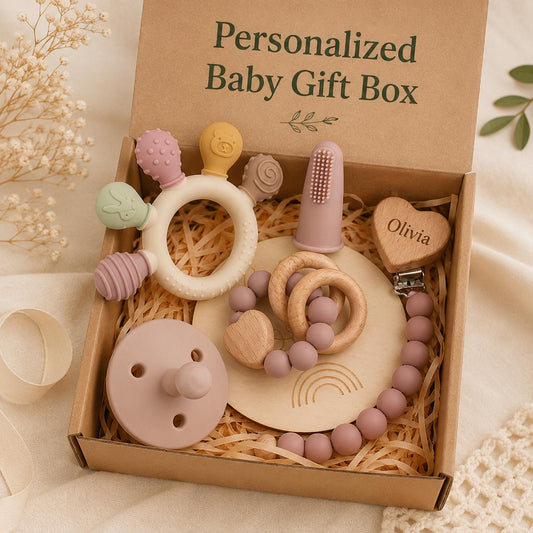 Personalized baby teether gift box with ring teether set and custom name pacifier clip