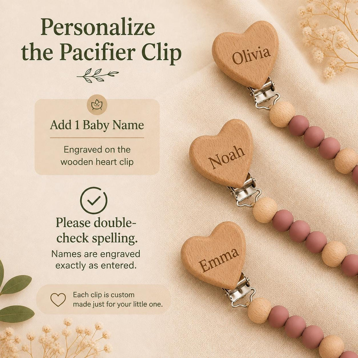 Wooden heart pacifier clip engraved with a baby name