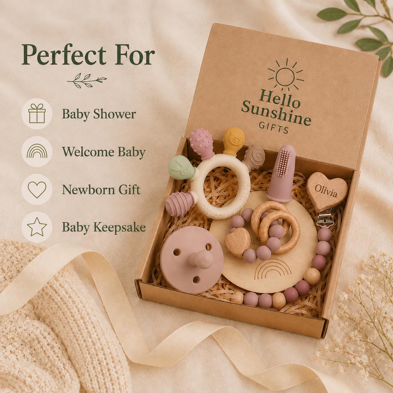 Baby teether gift box contents laid out