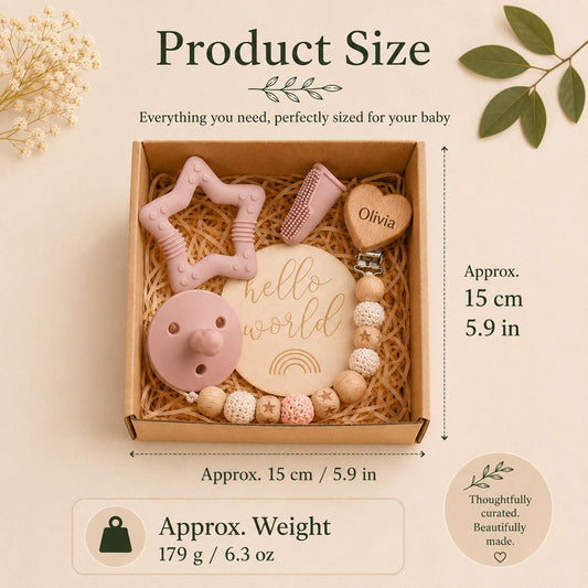 Ring teether gift set arranged in a kraft gift box