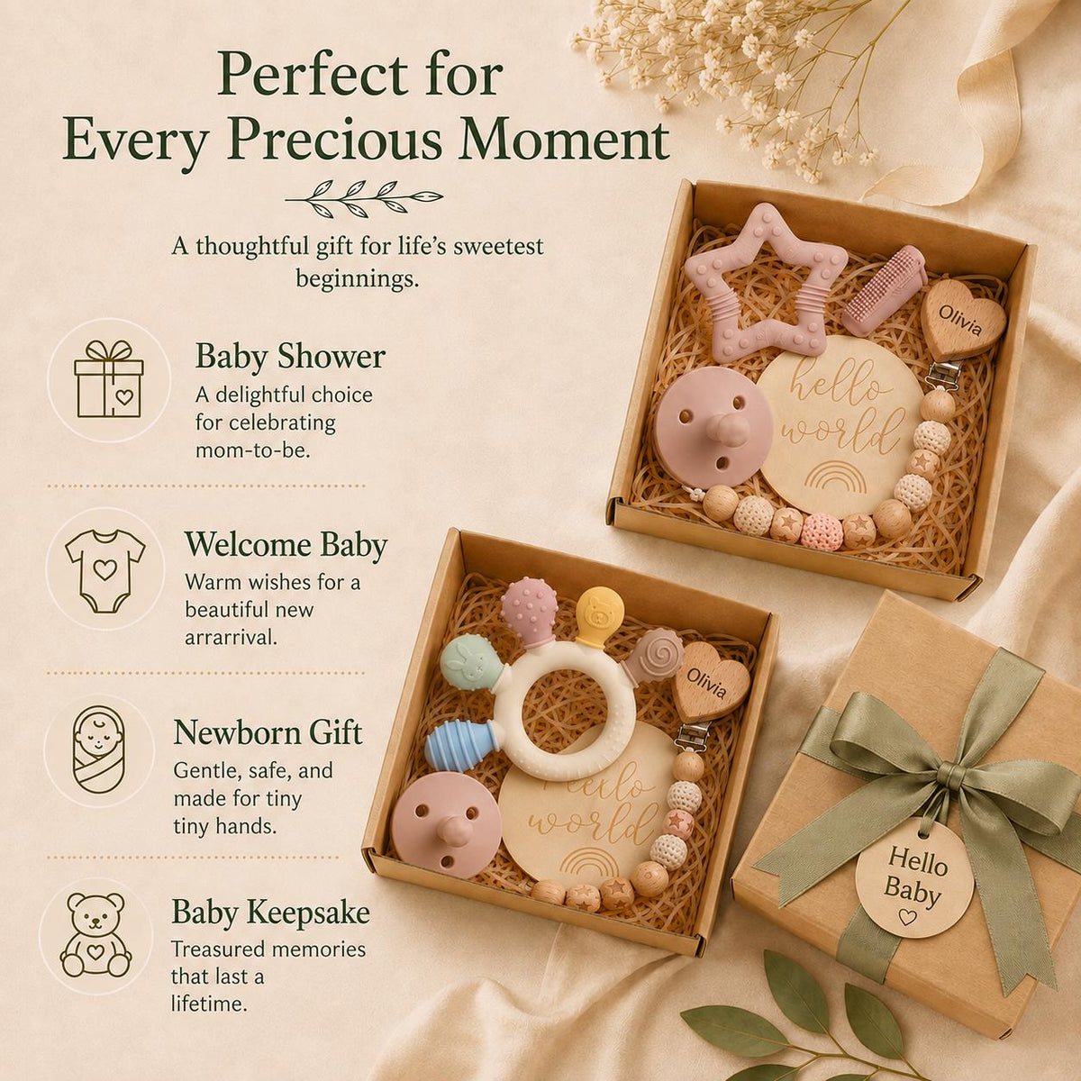 Baby teether gift box presented as a baby shower gift