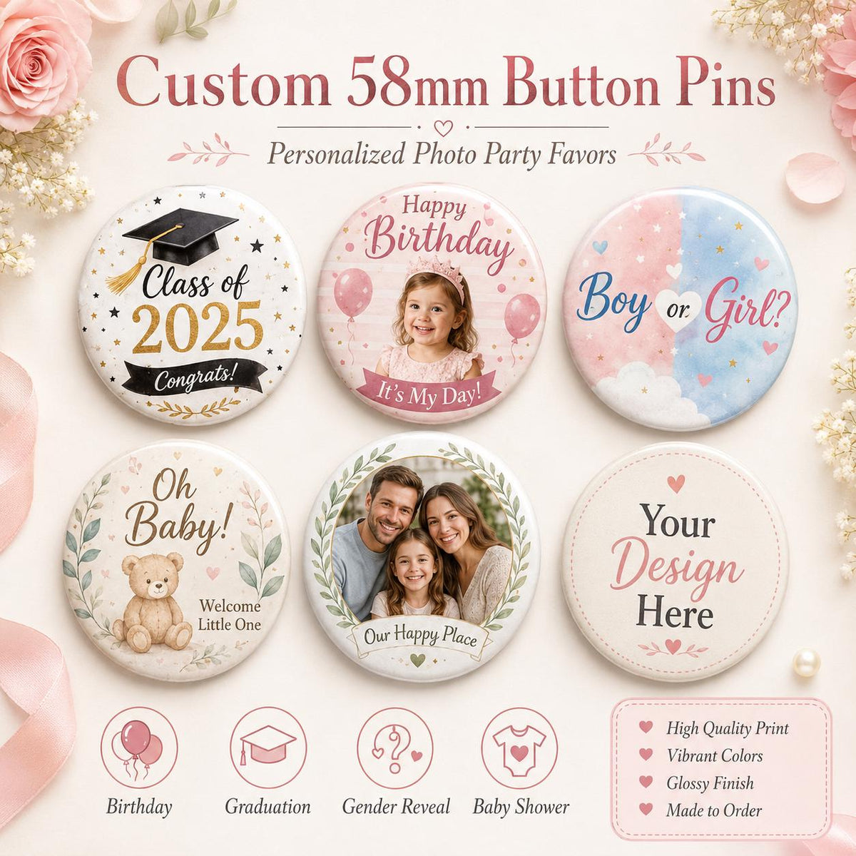 Gender reveal and baby shower button pins