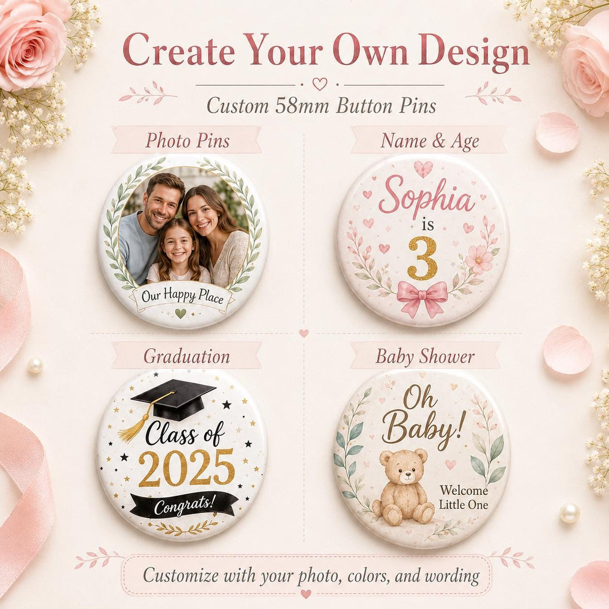 Personalized button pins with names and dates