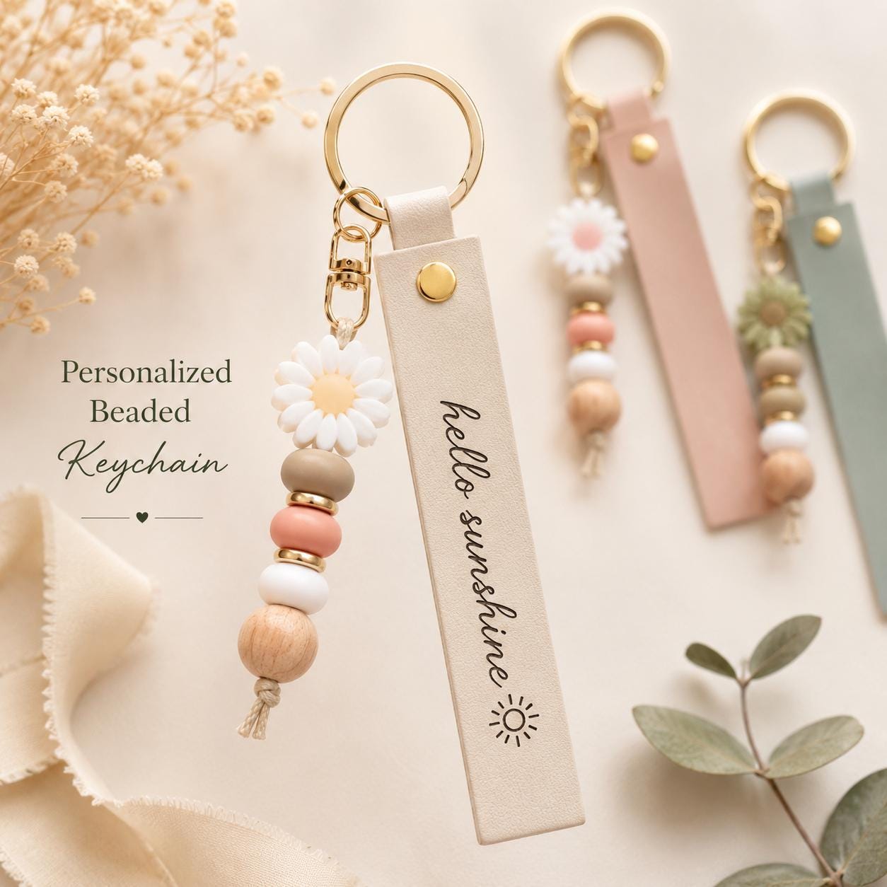Personalized beaded daisy keychain with custom engraved name