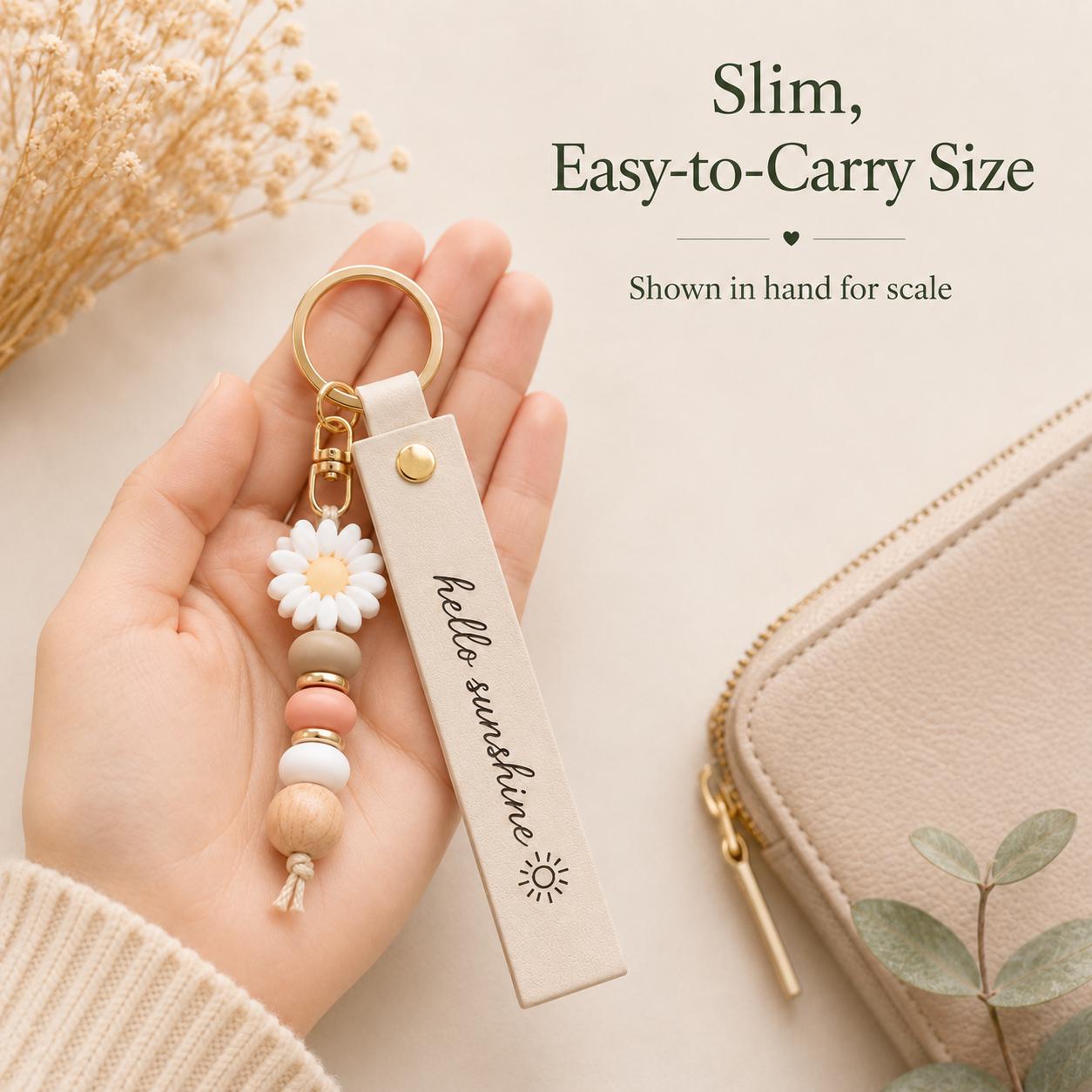Personalized keychain shown on a bag
