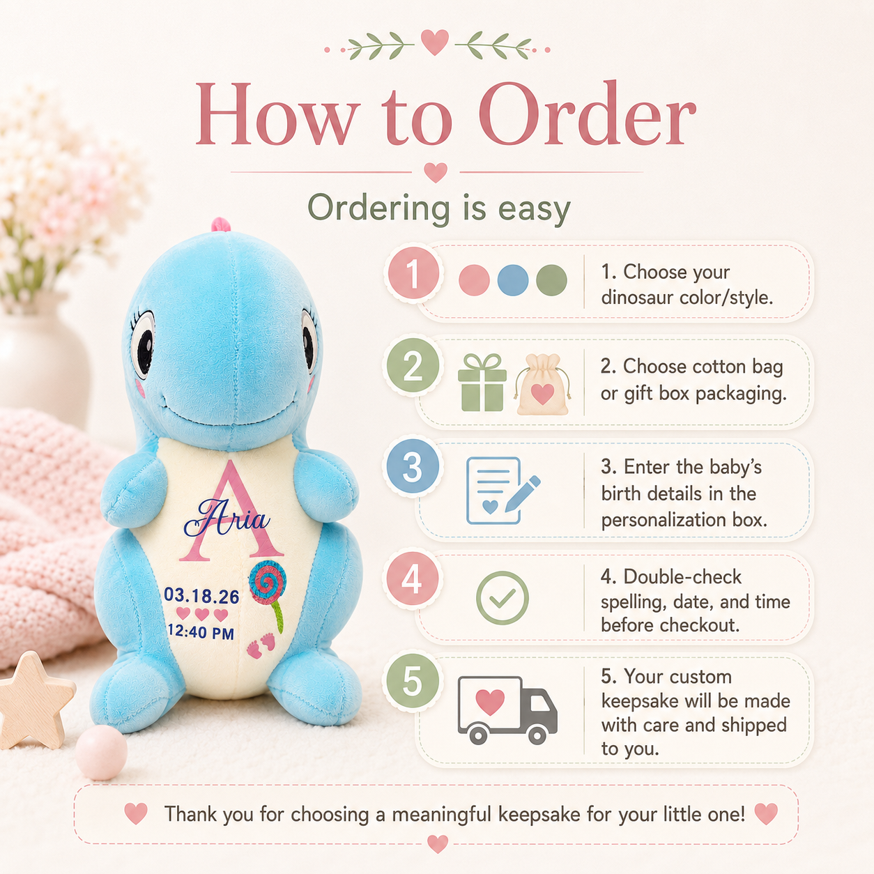 Five-step ordering guide for a personalized birth stat dinosaur plush