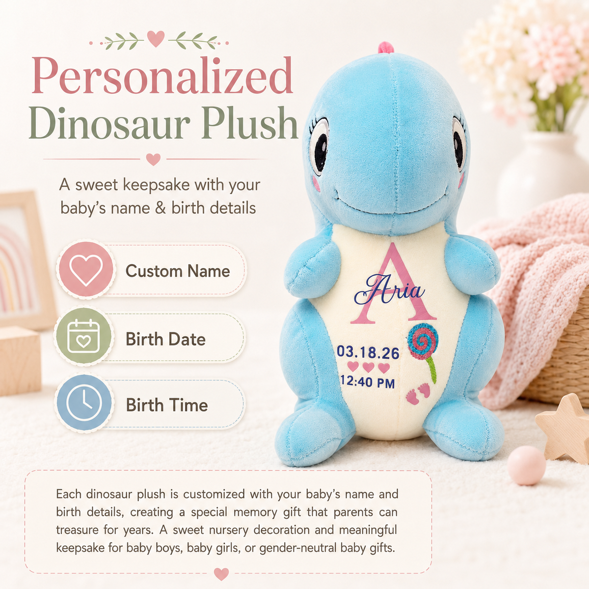 Blue dinosaur plush customized with baby name, birth date, and birth time
