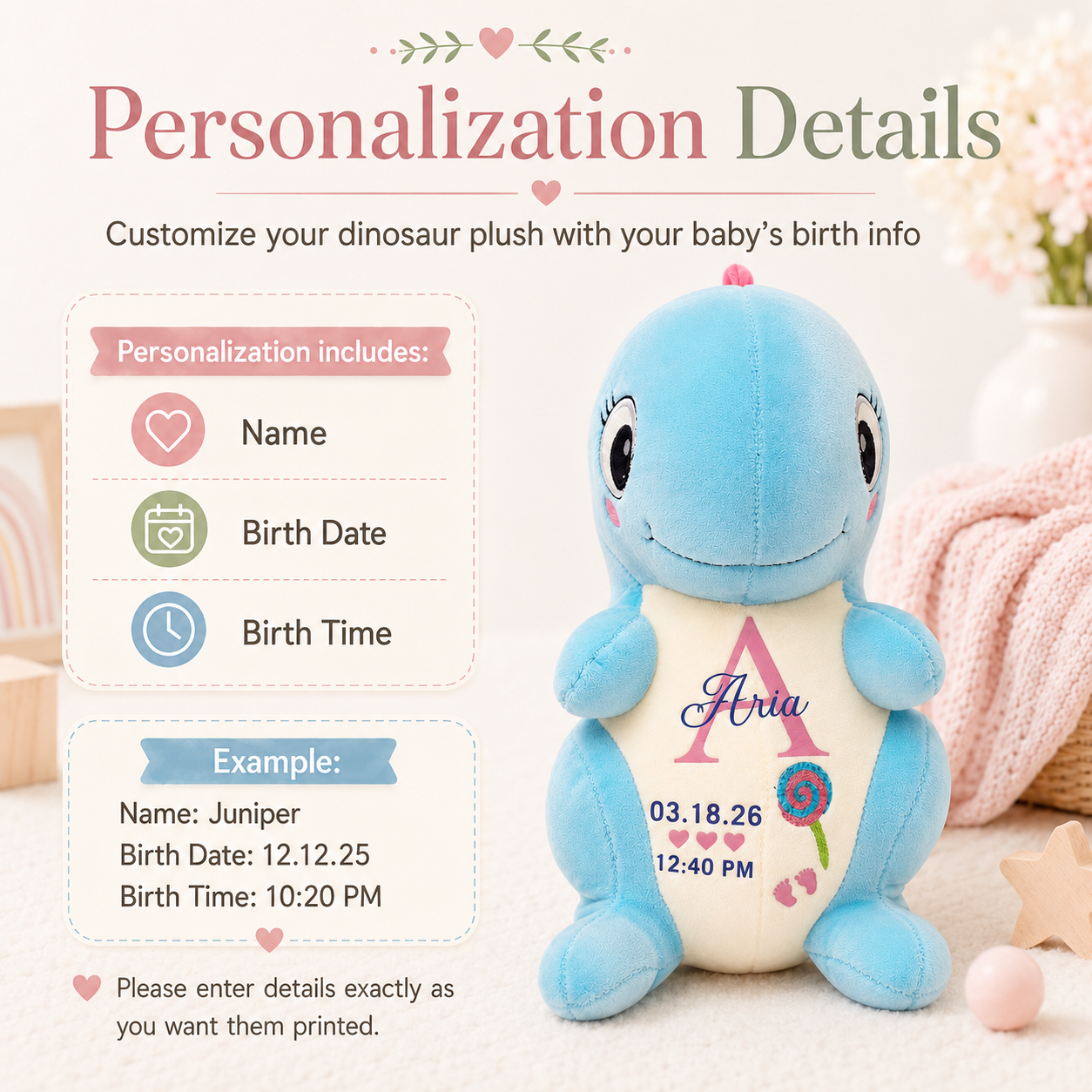 Dinosaur plush personalization details with name, birth date, and birth time example