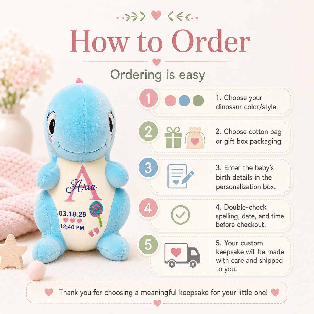 Personalized birth stat dinosaur plush