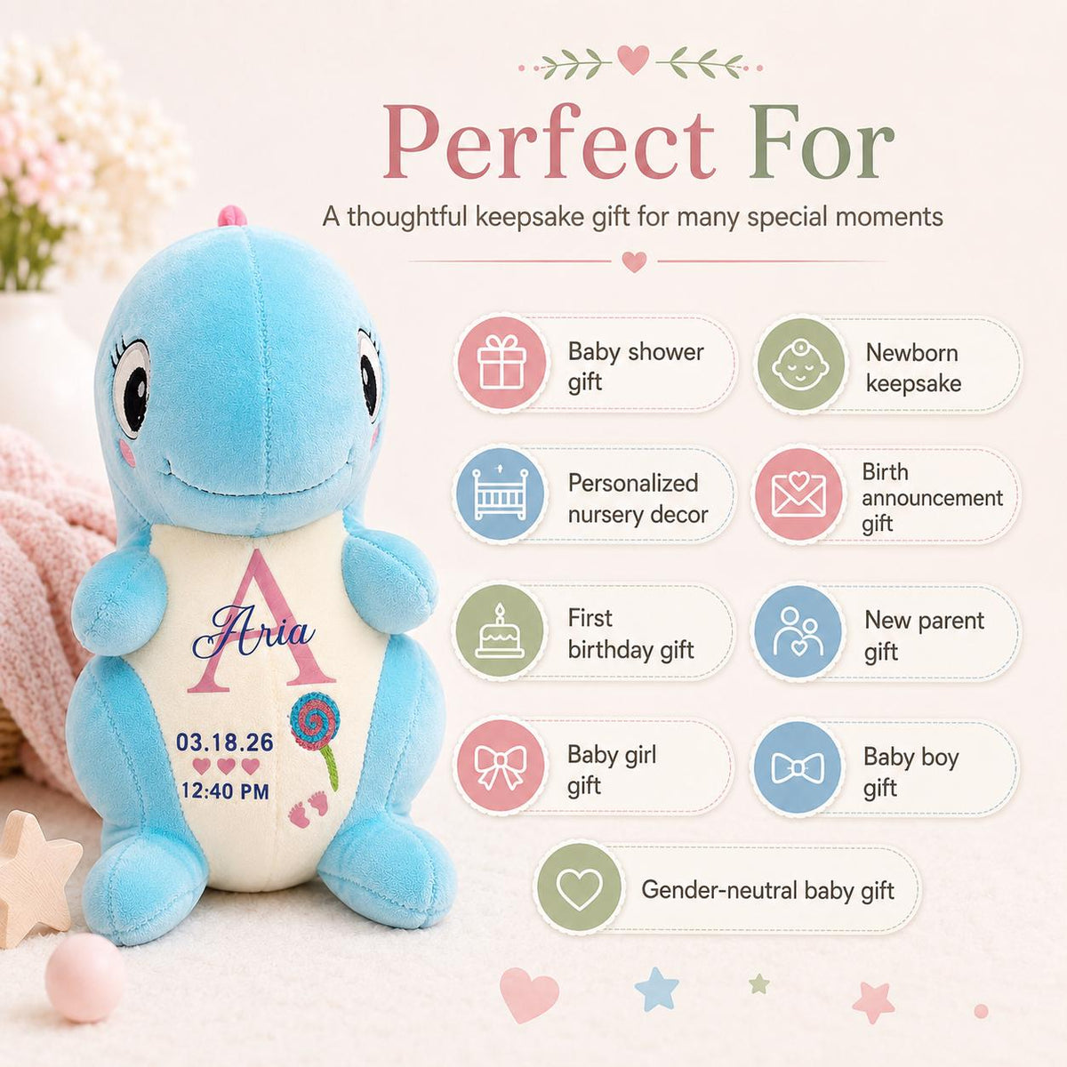 Personalized birth stat dinosaur plush