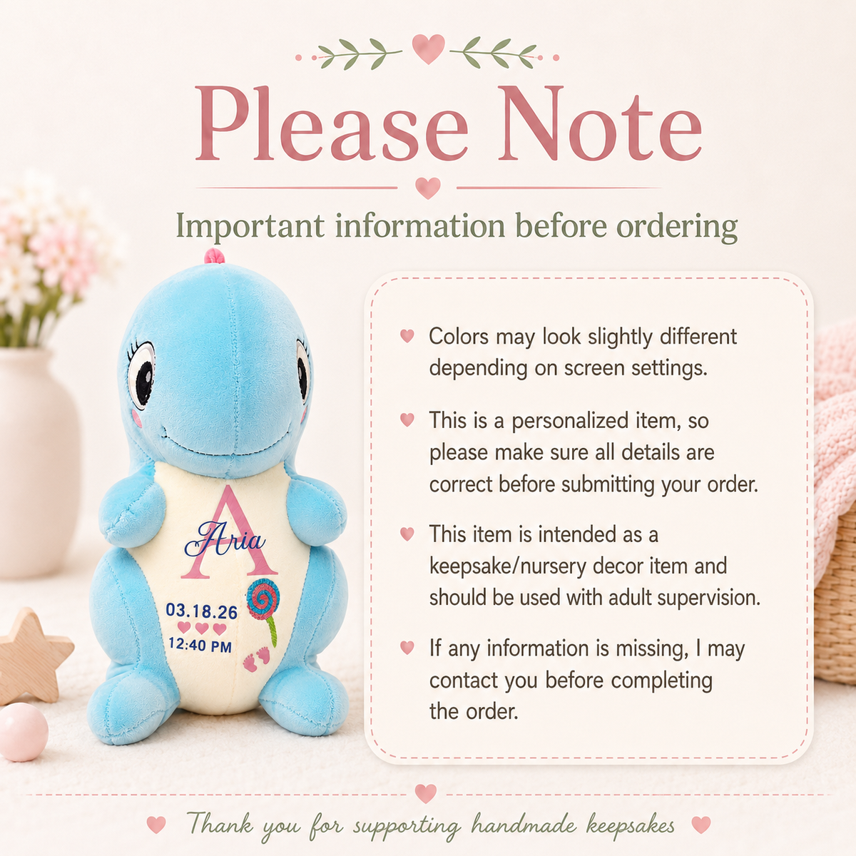 Personalized dinosaur plush ordering notes and handmade variation information