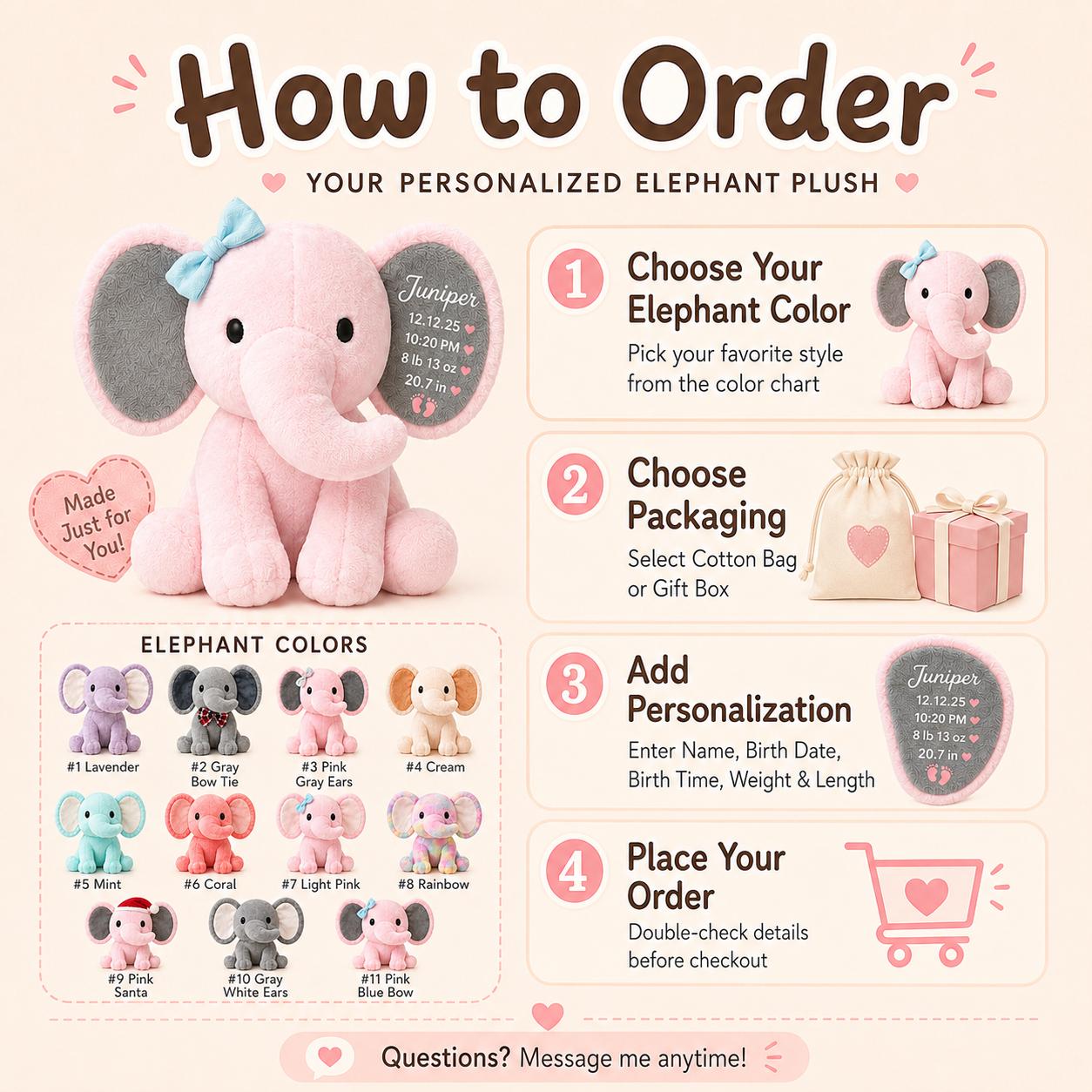 Personalized birth stat elephant plush