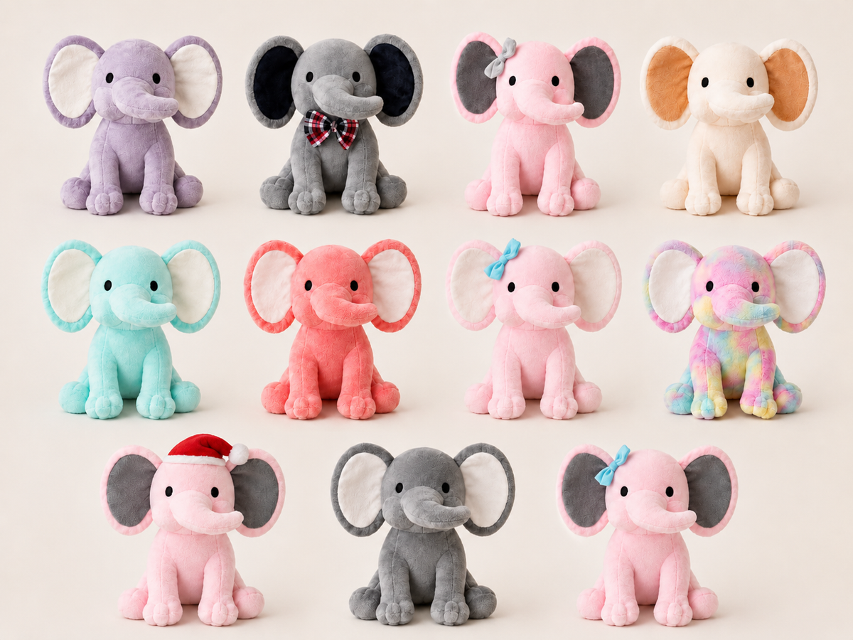 Available elephant plush colors and styles arranged in three rows