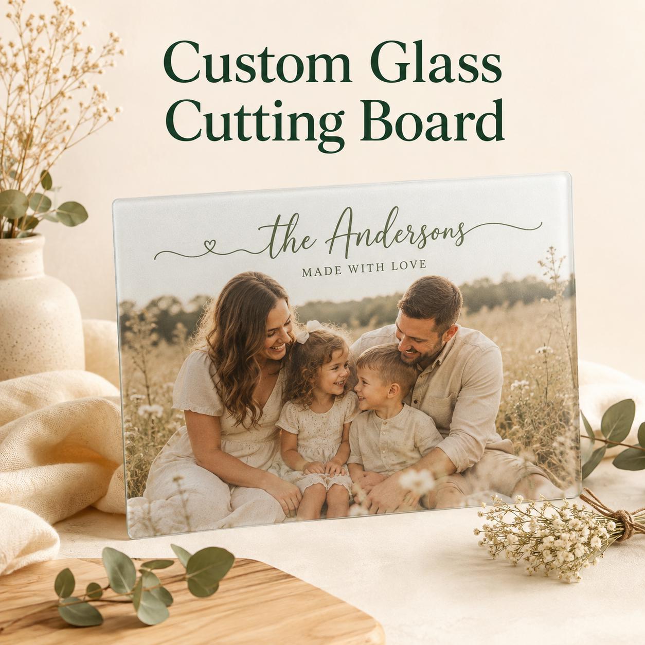 Personalized glass cutting board with custom family photo