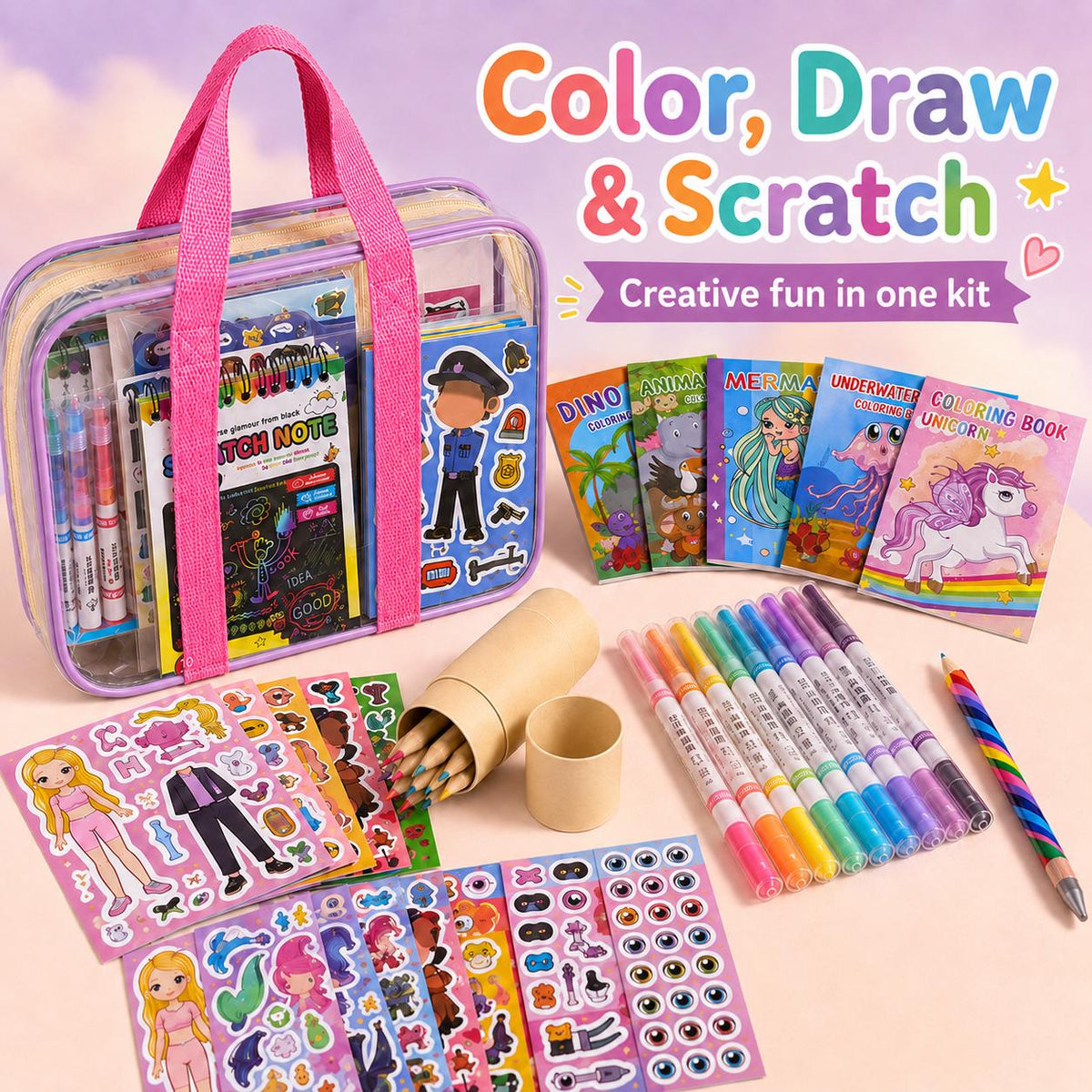 Kids craft kit with stickers and colouring book
