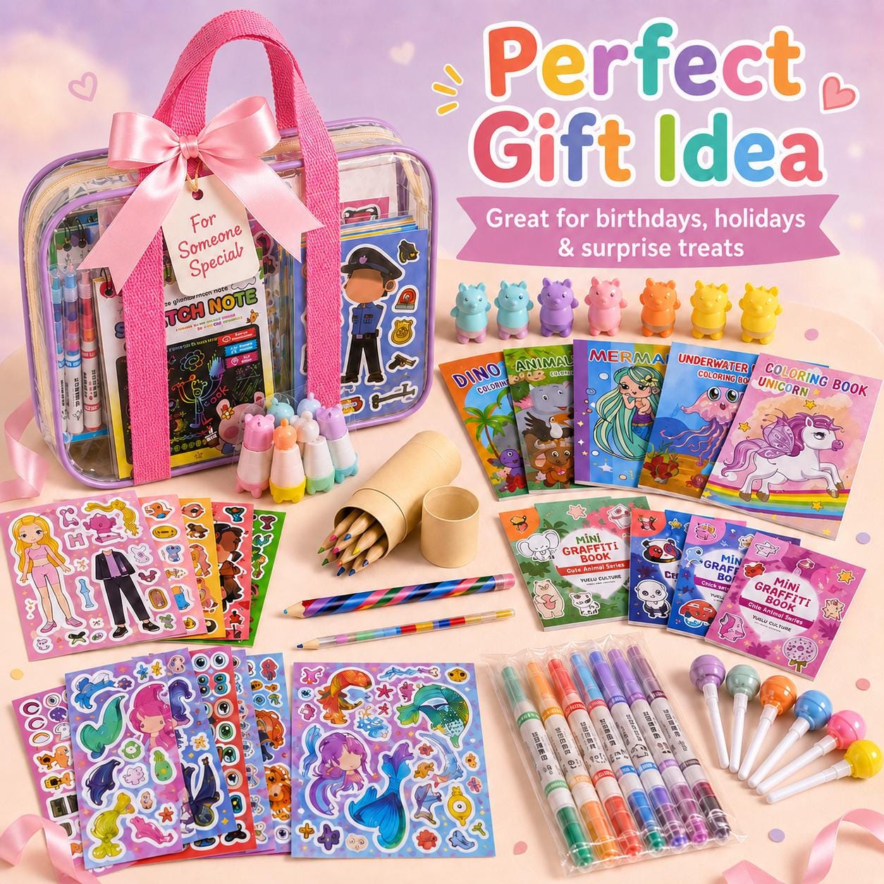 Coloured pencils and markers included in the kit