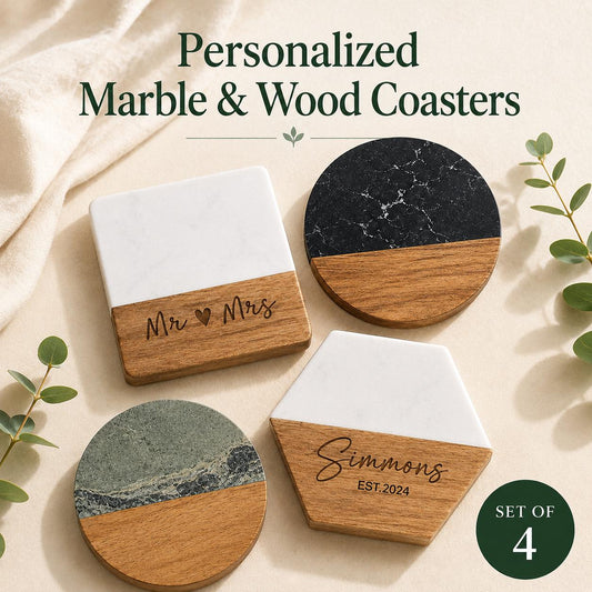 Personalized marble and wood coasters