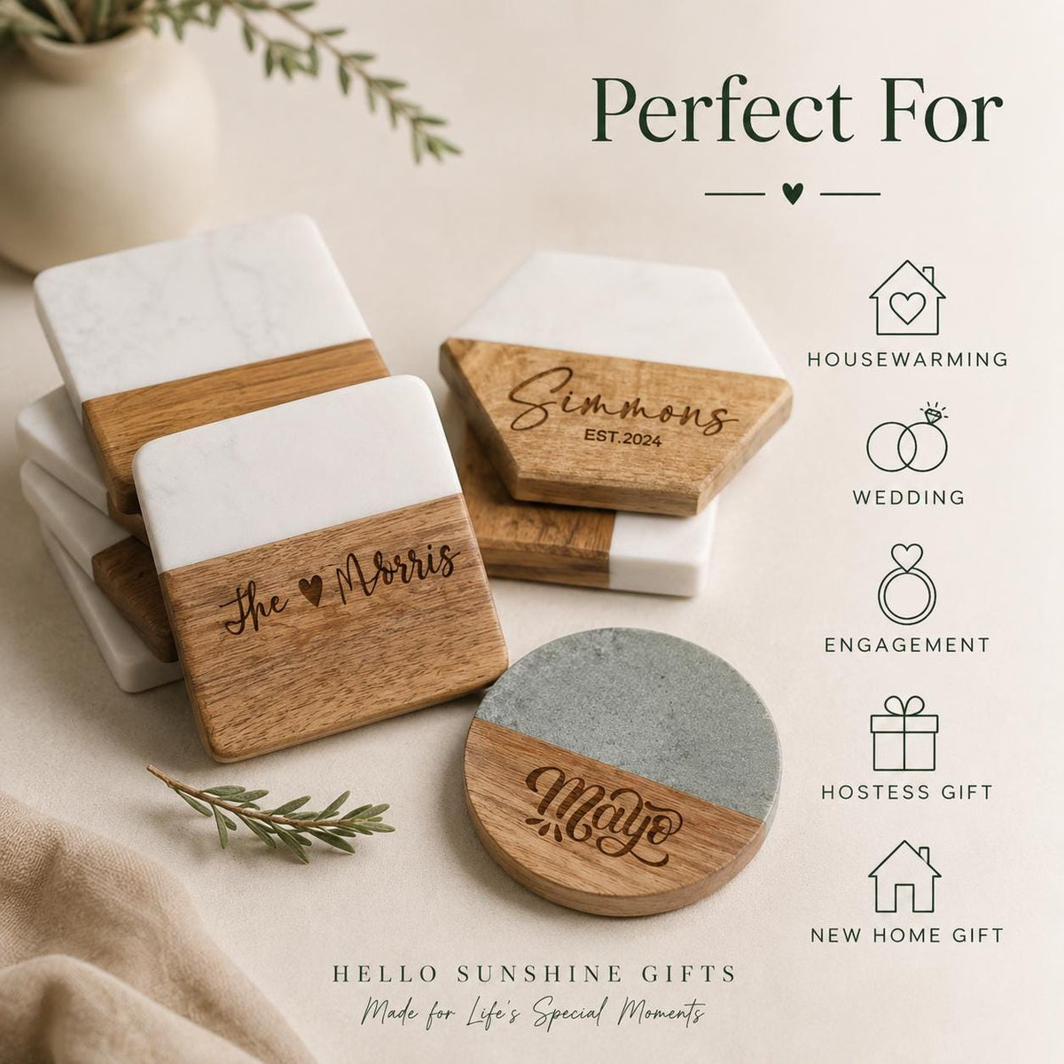 Personalized marble and wood coasters