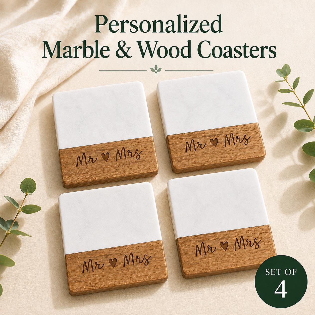 Personalized marble and wood coasters
