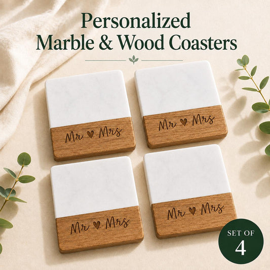 Personalized marble and wood coasters