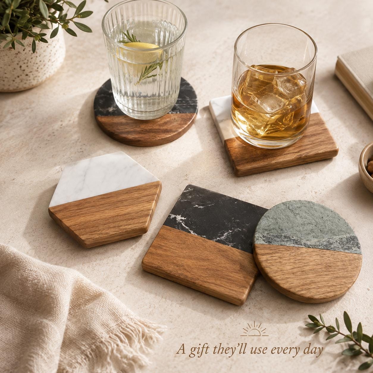 Personalized marble and wood coasters