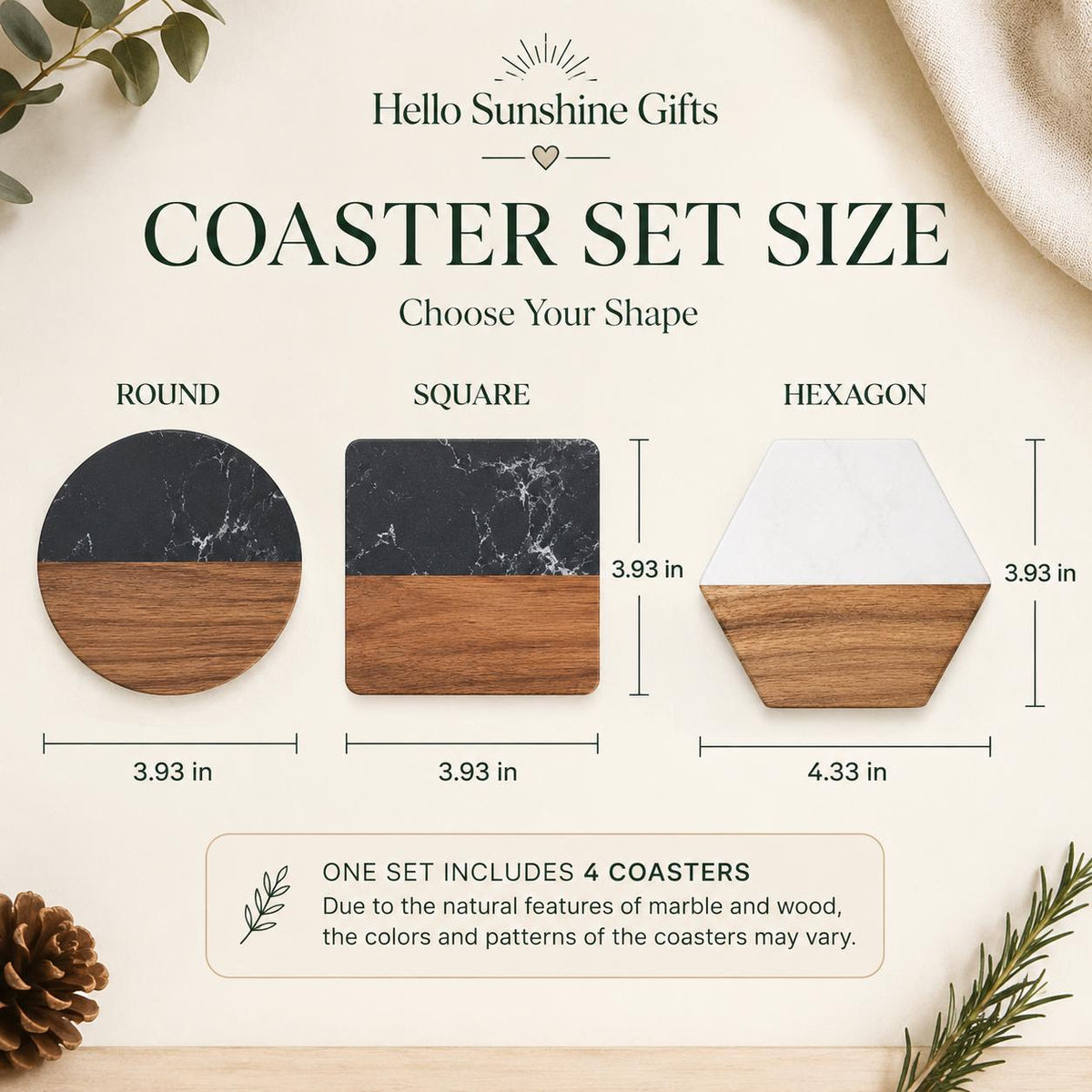 Personalized marble and wood coasters