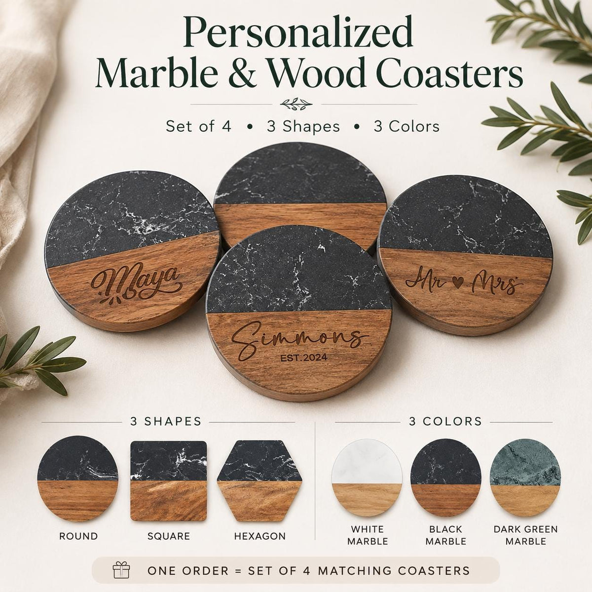 Personalized marble and wood coasters