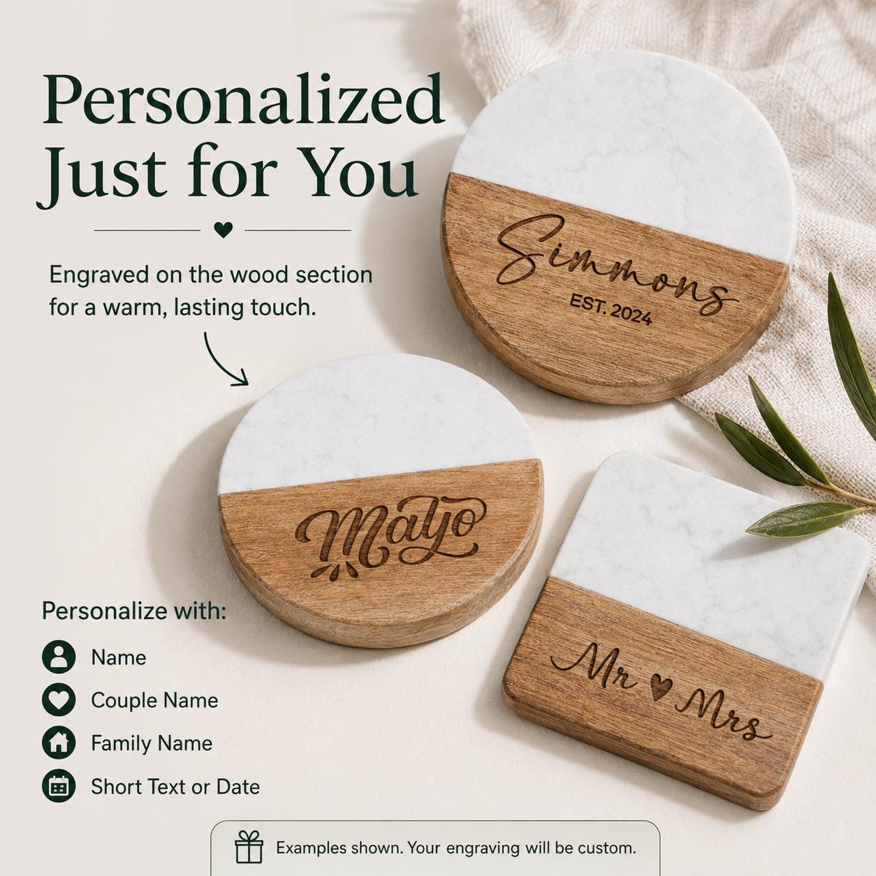 Personalized marble and wood coasters