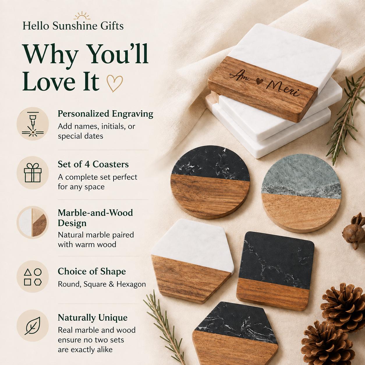 Personalized marble and wood coasters