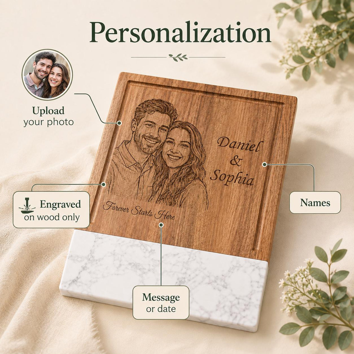 Personalized photo engraved cutting board