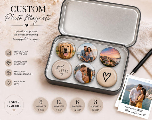 Custom photo glass magnets in a tin