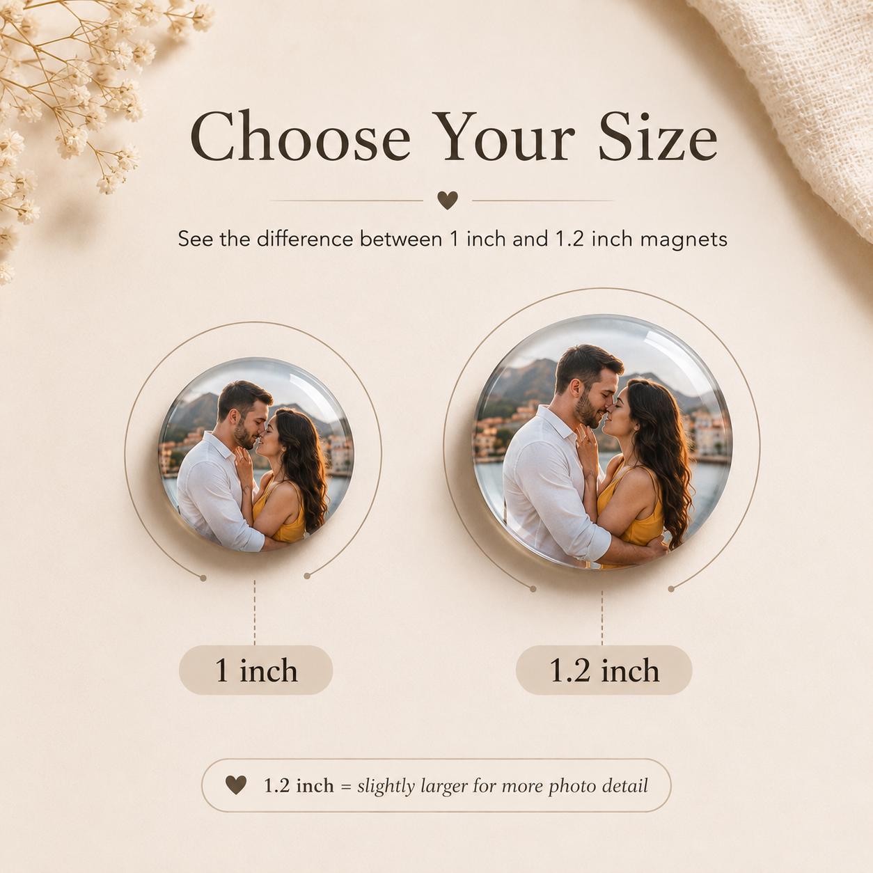 Glossy domed photo magnets close up