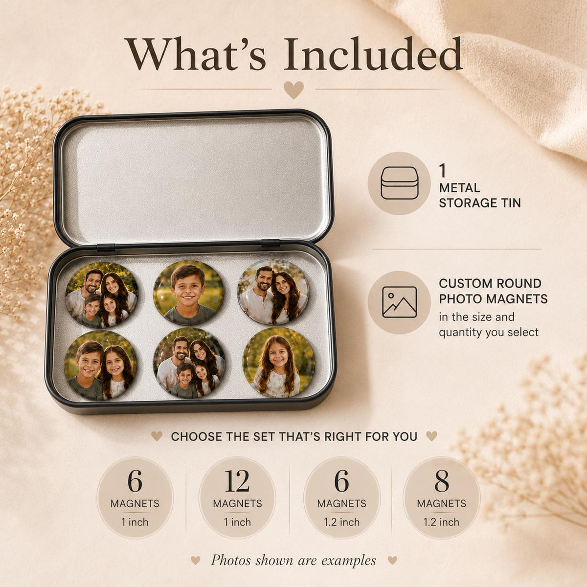 Custom photo magnets on a fridge