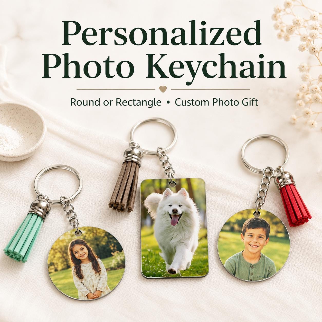 Personalized photo keychain with custom picture and tassel