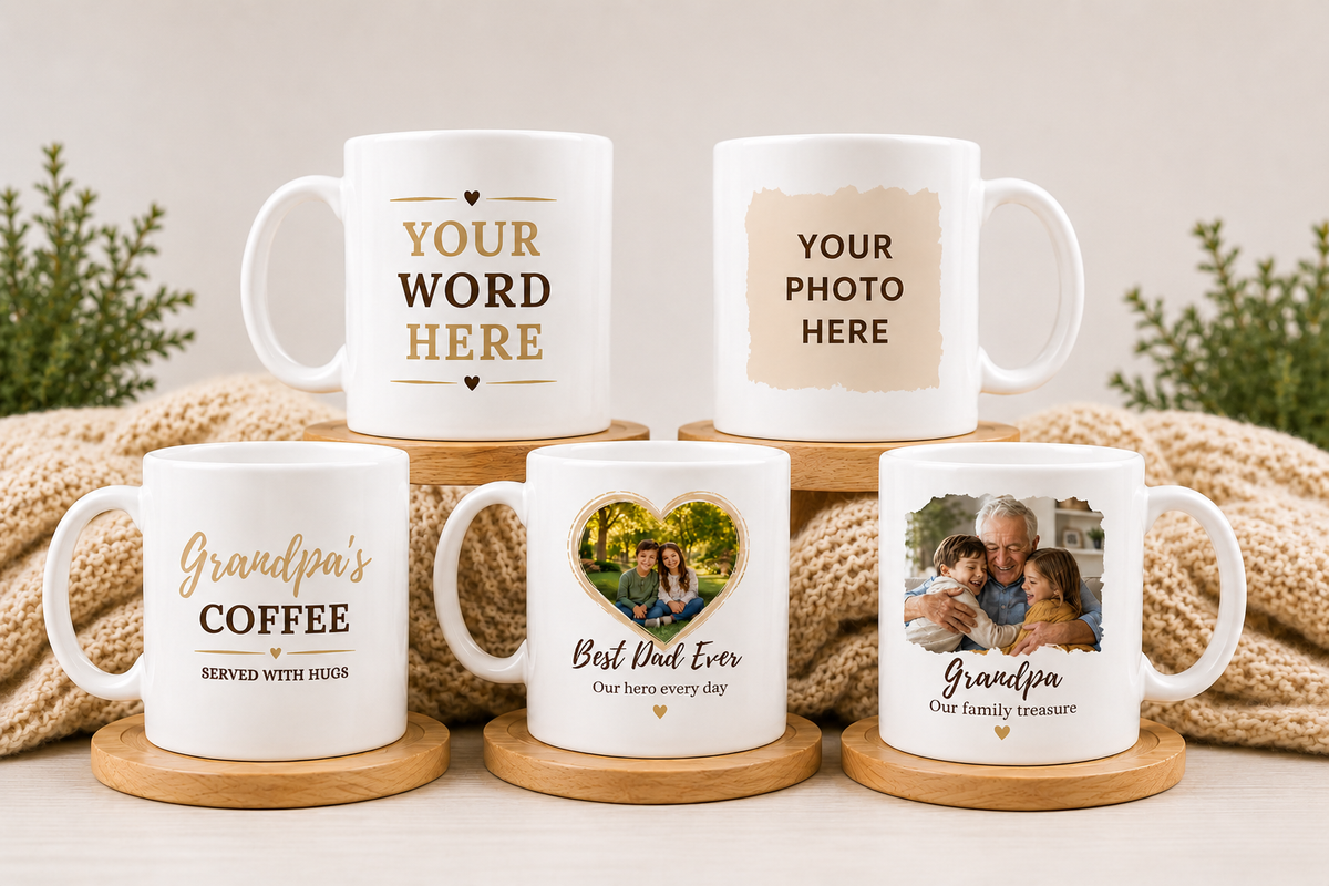 Collection of personalized photo and word mugs displayed on wooden coasters