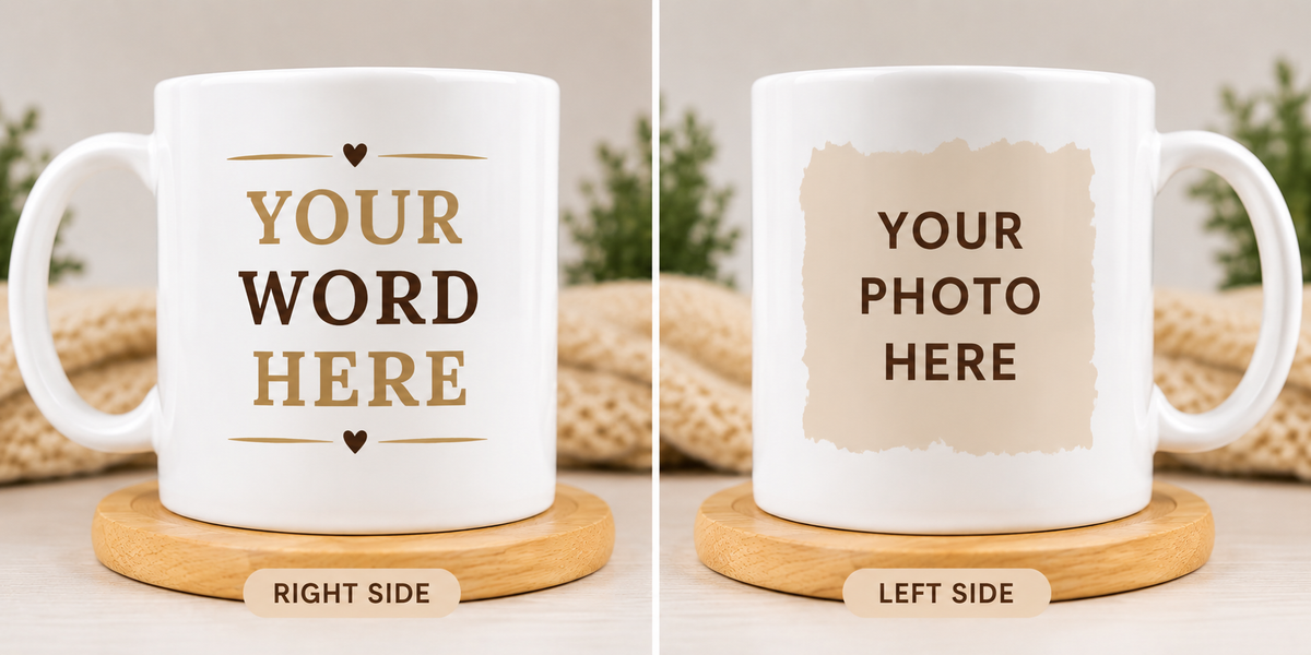 Front and back mug mockup with custom word and photo placeholders